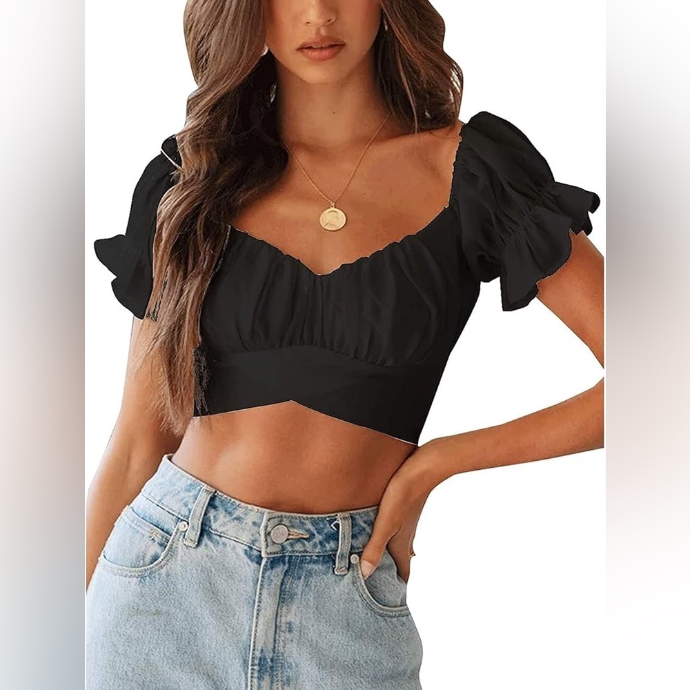 Elegant Black Ruffle Sleeve Crop Top Small